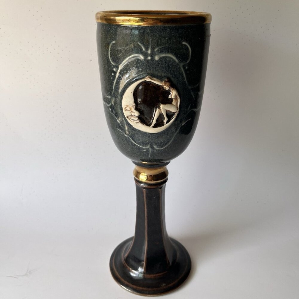 Art Pottery Chalice Goblet Celestial Nude Woman Sitting Crescent Moon Goddess